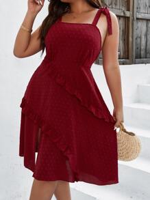 SHEIN Holidaya Plus Swiss Dot Tie Shoulder Ruffle Trim Cami Dress - Burgundy - View 3