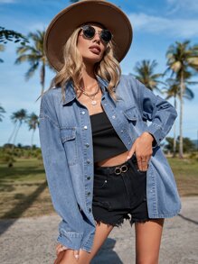 Breezaya Flap Pocket Drop Shoulder Denim Shirt - Medium Wash - View 1