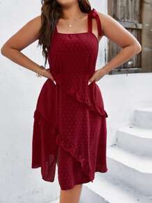 SHEIN Holidaya Plus Swiss Dot Tie Shoulder Ruffle Trim Cami Dress - Burgundy - View 5