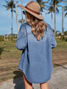 Breezaya Flap Pocket Drop Shoulder Denim Shirt - Medium Wash - View 3