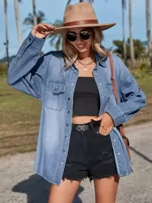 Breezaya Flap Pocket Drop Shoulder Denim Shirt - Medium Wash - View 5