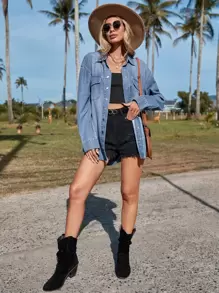 Breezaya Flap Pocket Drop Shoulder Denim Shirt - Medium Wash - View 6