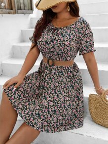 SHEIN Holidaya Plus Ditsy Floral Puff Sleeve Dress Without Belt - Multicolor - View 5
