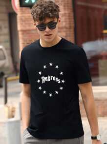 男士字母和星星印花T恤 - 黑色 - 查看 1