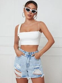 SHEIN EZwear Ripped Raw Hem Denim Shorts - Light Wash - View 5