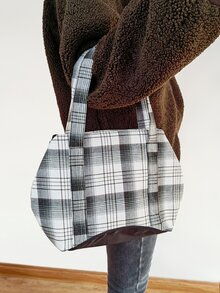 Plaid Pattern Square Bag - Black and White - View 6