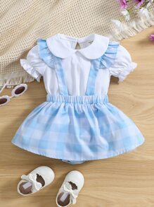 嬰兒荷葉邊T恤和格紋印花背带半身裙 - 藍白色 - 查看 1