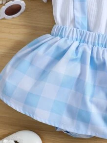 嬰兒荷葉邊T恤和格紋印花背带半身裙 - 藍白色 - 查看 3