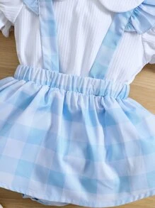嬰兒荷葉邊T恤和格紋印花背带半身裙 - 藍白色 - 查看 4