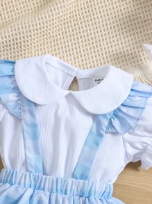 嬰兒荷葉邊T恤和格紋印花背带半身裙 - 藍白色 - 查看 5