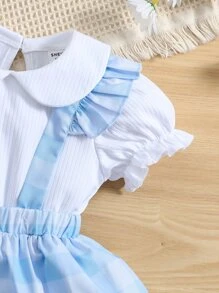 嬰兒荷葉邊T恤和格紋印花背带半身裙 - 藍白色 - 查看 6