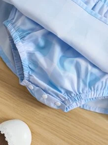 嬰兒荷葉邊T恤和格紋印花背带半身裙 - 藍白色 - 查看 7