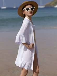 Chicas Kimono bajo con fruncido de manga con volante - Blanco - Ver 4