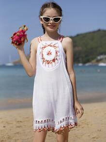 女孩鉤針邊緣吊帶罩衫洋裝