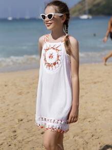 女孩鉤針邊緣吊帶罩衫洋裝