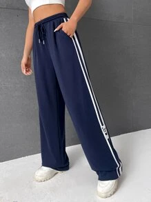 SHEIN EZwear Quần nữ Dây kéo Đắp vá Túi Sọc bên Lá thư Sọc Giải trí - Màu xanh hải quân - Xem 6