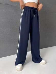 SHEIN EZwear Quần nữ Dây kéo Đắp vá Túi Sọc bên Lá thư Sọc Giải trí - Màu xanh hải quân - Xem 3