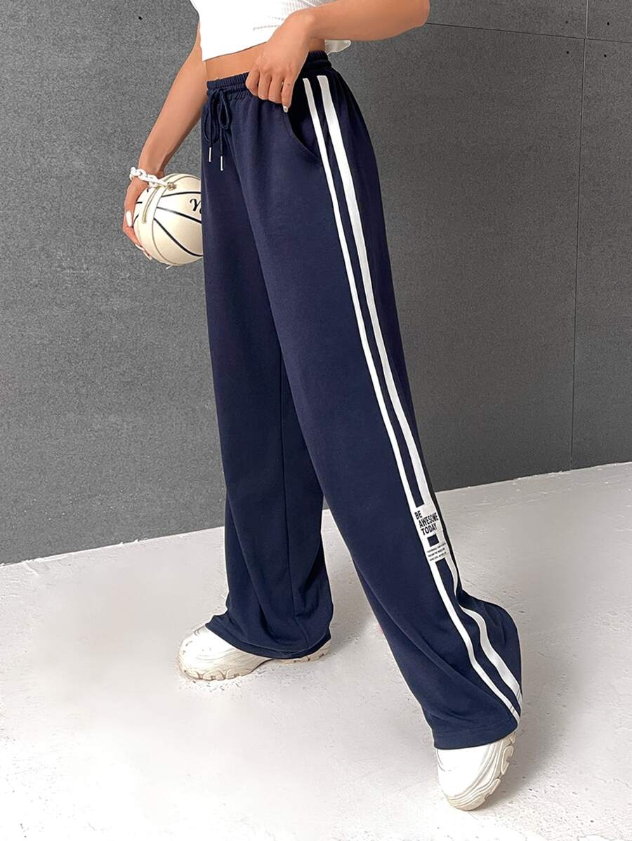 SHEIN EZwear Quần nữ Dây kéo Đắp vá Túi Sọc bên Lá thư Sọc Giải trí - Màu xanh hải quân - Xem 1