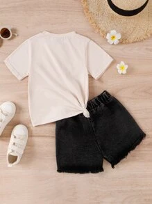 SHEIN Young Girl Letter Graphic Tee & Raw Hem Denim Shorts, School, Campus, College - Multicolor - View 2