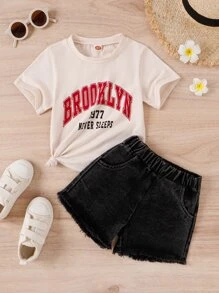 SHEIN Young Girl Letter Graphic Tee & Raw Hem Denim Shorts, School, Campus, College - Multicolor - View 6