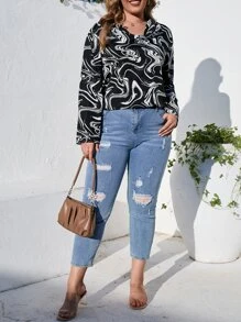 SHEIN LUNE Plus Wave Print Draped Collar Blouse - Black and White - View 1