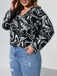 SHEIN LUNE Plus Wave Print Draped Collar Blouse - Black and White - View 3
