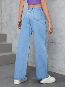 Ripped Straight Leg Jeans - Light Wash - View 2