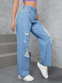 Ripped Straight Leg Jeans - Light Wash - View 4