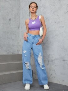 Ripped Straight Leg Jeans - Light Wash - View 1