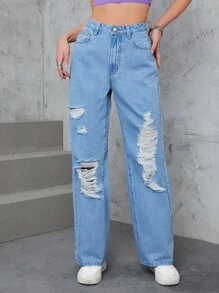 Ripped Straight Leg Jeans - Light Wash - View 3