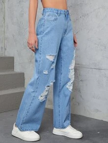 Ripped Straight Leg Jeans - Light Wash - View 6
