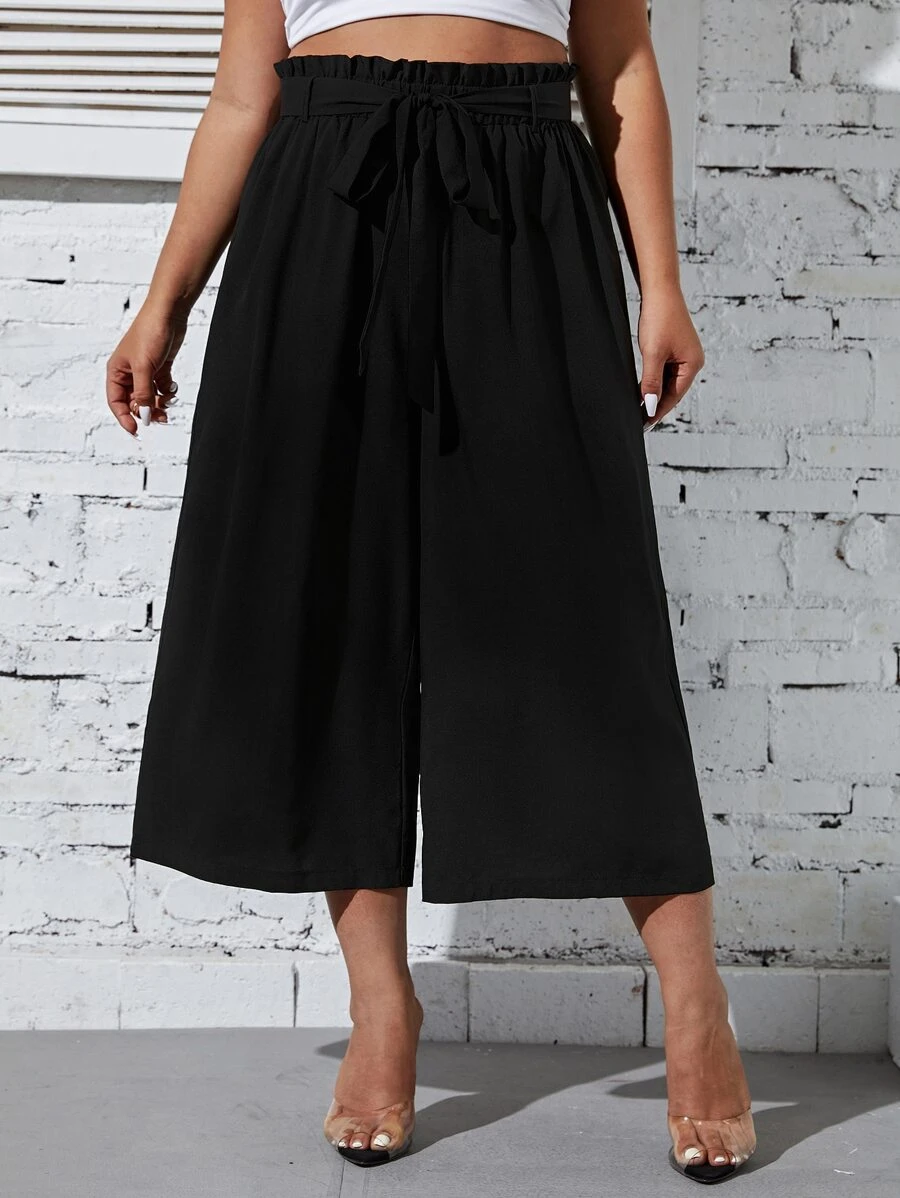 SHEIN LUNE Plus Paperbag Waist Belted Wide Leg Trousers - Black - View 1