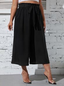 SHEIN LUNE Plus Paperbag Waist Belted Wide Leg Trousers - Black - View 4