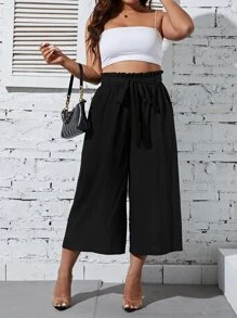 SHEIN LUNE Plus Paperbag Waist Belted Wide Leg Trousers - Black - View 5