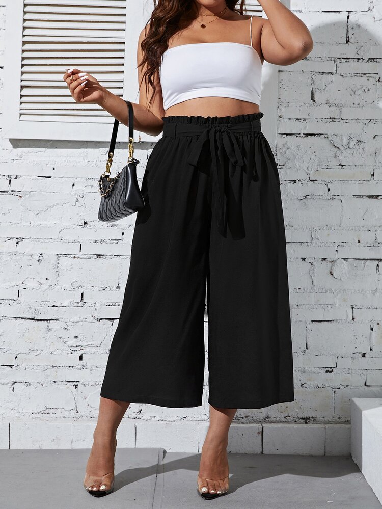 SHEIN LUNE Plus Paperbag Waist Belted Wide Leg Trousers - Black - View 5