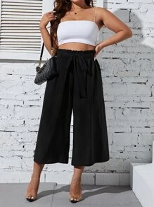 SHEIN LUNE Plus Paperbag Waist Belted Wide Leg Trousers - Black - View 6
