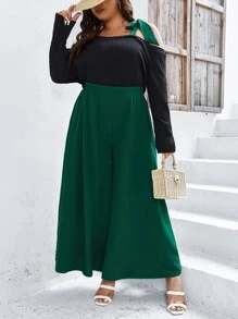 SHEIN LUNE Plus Asymmetrical Neck Tee & Wide Leg Trousers - Multicolor - View 5