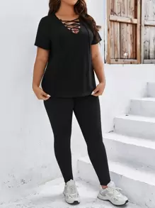 SHEIN LUNE Plus Lace Up Front Tee & Leggings - Black - View 1