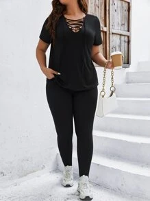 SHEIN LUNE Plus Lace Up Front Tee & Leggings - Black - View 4