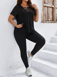 SHEIN LUNE Plus Lace Up Front Tee & Leggings - Black - View 5