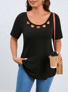 SHEIN LUNE Áo thun Plus size Cắt ra màu trơn Giải trí - màu đen - Xem 3