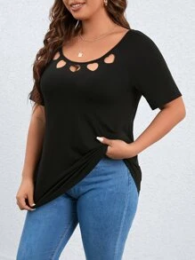 SHEIN LUNE Áo thun Plus size Cắt ra màu trơn Giải trí - màu đen - Xem 5