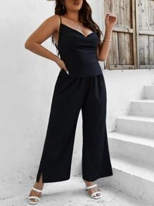 SHEIN LUNE Plus Draped Collar Cami Top & Wide Leg Trousers - Black - View 3