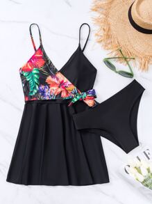 SHEIN Swim 2packs Tropical Print High Waisted Swim Dress & Cover Up,Summer Beach - Black - View 5