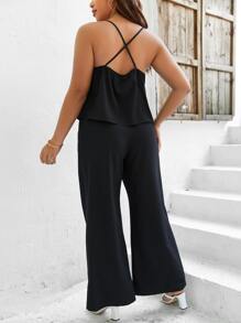SHEIN LUNE Plus Draped Collar Cami Top & Wide Leg Trousers - Black - View 2
