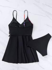 SHEIN Swim 2packs Tropical Print High Waisted Swim Dress & Cover Up,Summer Beach - Black - View 3