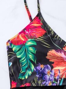 SHEIN Swim 2packs Tropical Print High Waisted Swim Dress & Cover Up,Summer Beach - Black - View 4