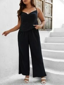 SHEIN LUNE Plus Draped Collar Cami Top & Wide Leg Trousers - Black - View 5