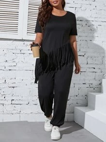 SHEIN LUNE Plus Fringe Trim Tee & Trousers - Black - View 1