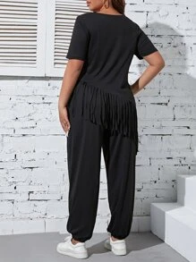 SHEIN LUNE Plus Fringe Trim Tee & Trousers - Black - View 2